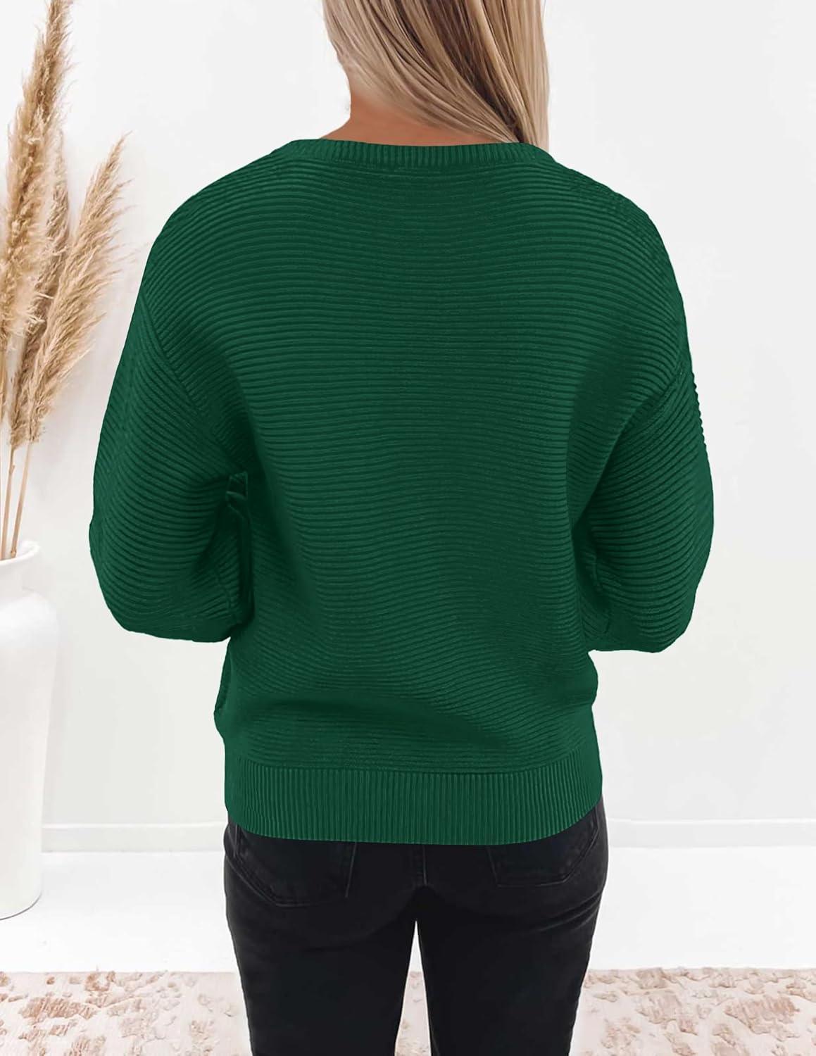 imageZESICA Womens Crew Neck Long Lantern Sleeve Fall 2026 Casual Loose Ribbed Knit Solid Soft Pullover Sweater TopsForestgreen