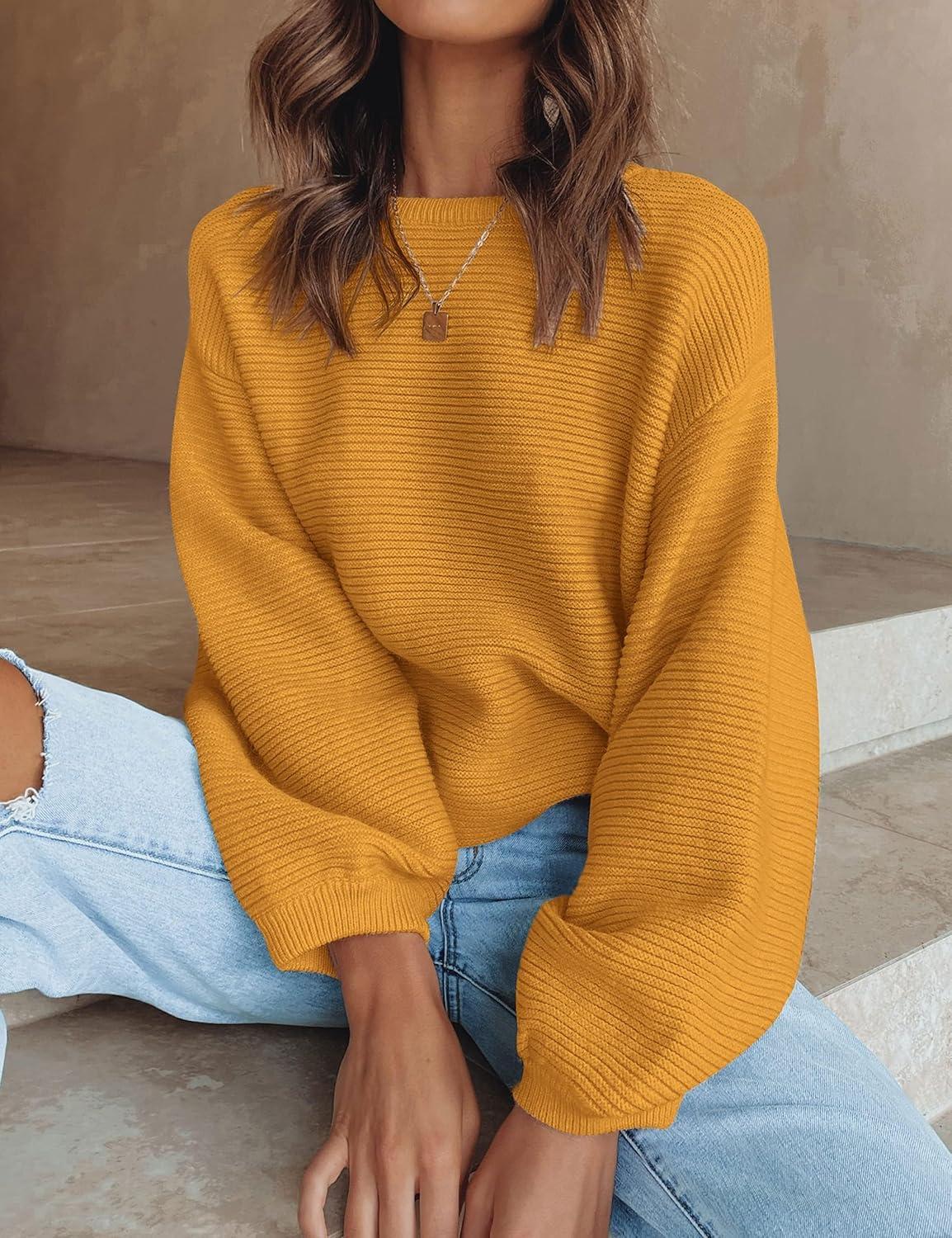 imageZESICA Womens Crew Neck Long Lantern Sleeve Fall 2026 Casual Loose Ribbed Knit Solid Soft Pullover Sweater TopsGinger