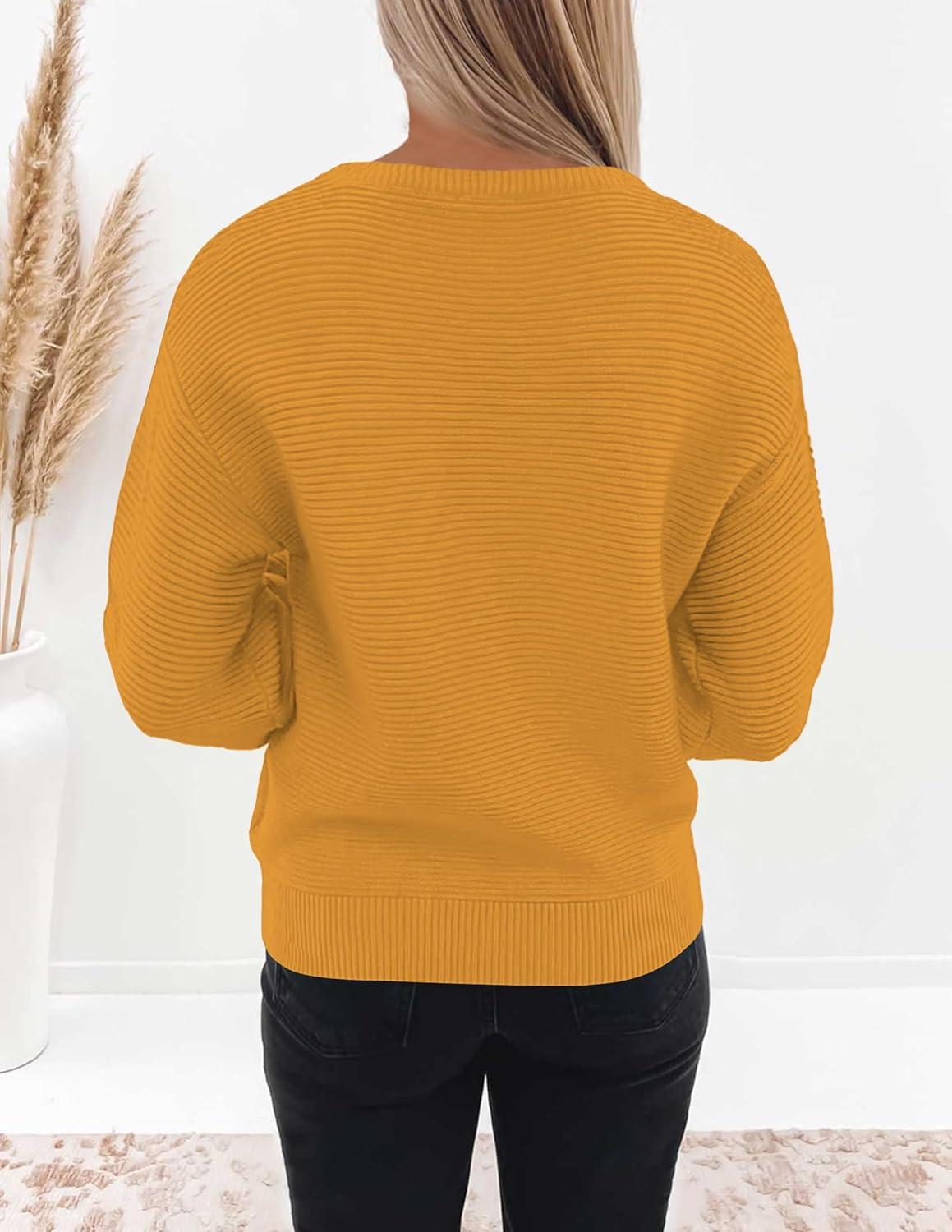 imageZESICA Womens Crew Neck Long Lantern Sleeve Fall 2026 Casual Loose Ribbed Knit Solid Soft Pullover Sweater TopsGinger