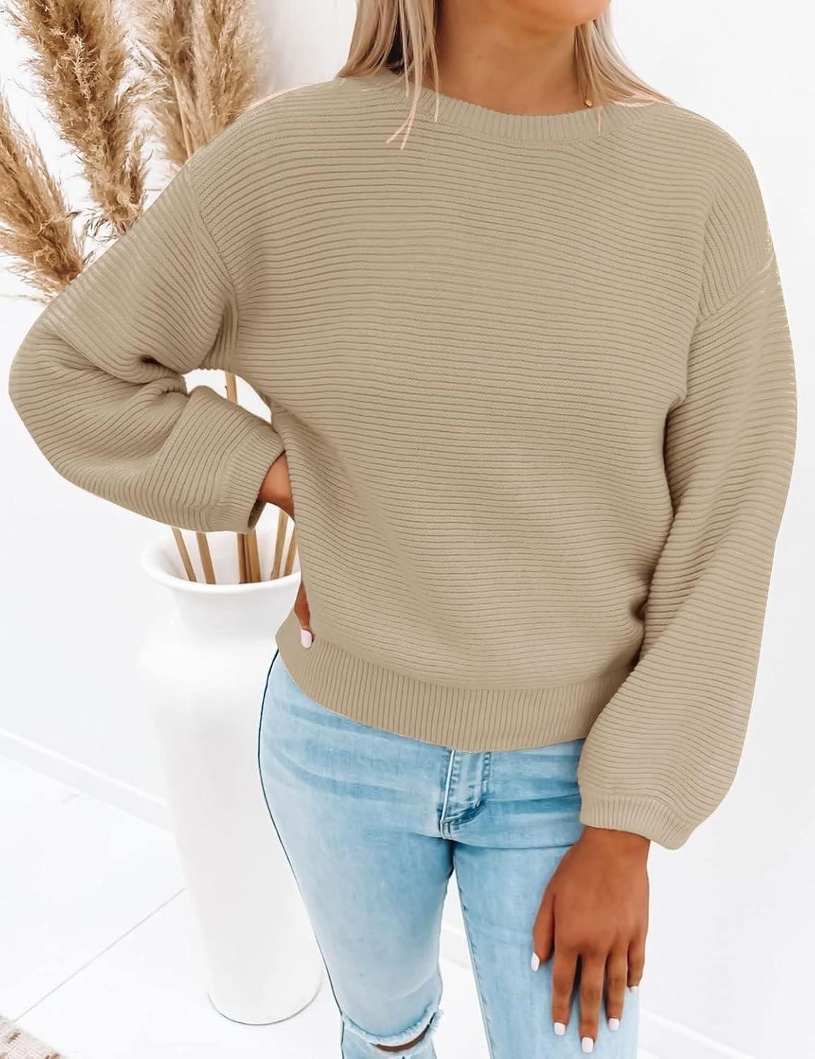 imageZESICA Womens Crew Neck Long Lantern Sleeve Fall 2026 Casual Loose Ribbed Knit Solid Soft Pullover Sweater TopsKhaki