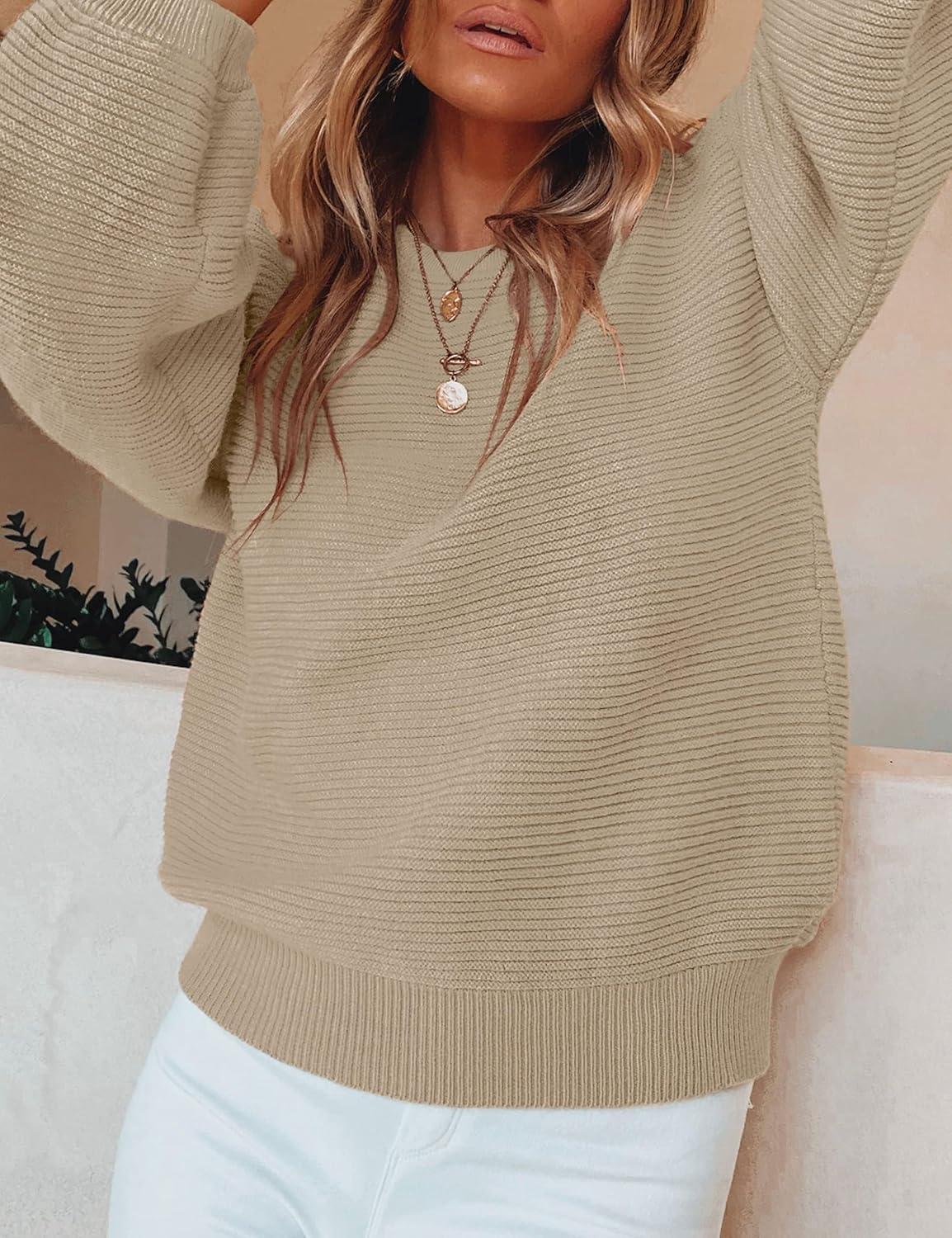 imageZESICA Womens Crew Neck Long Lantern Sleeve Fall 2026 Casual Loose Ribbed Knit Solid Soft Pullover Sweater TopsKhaki