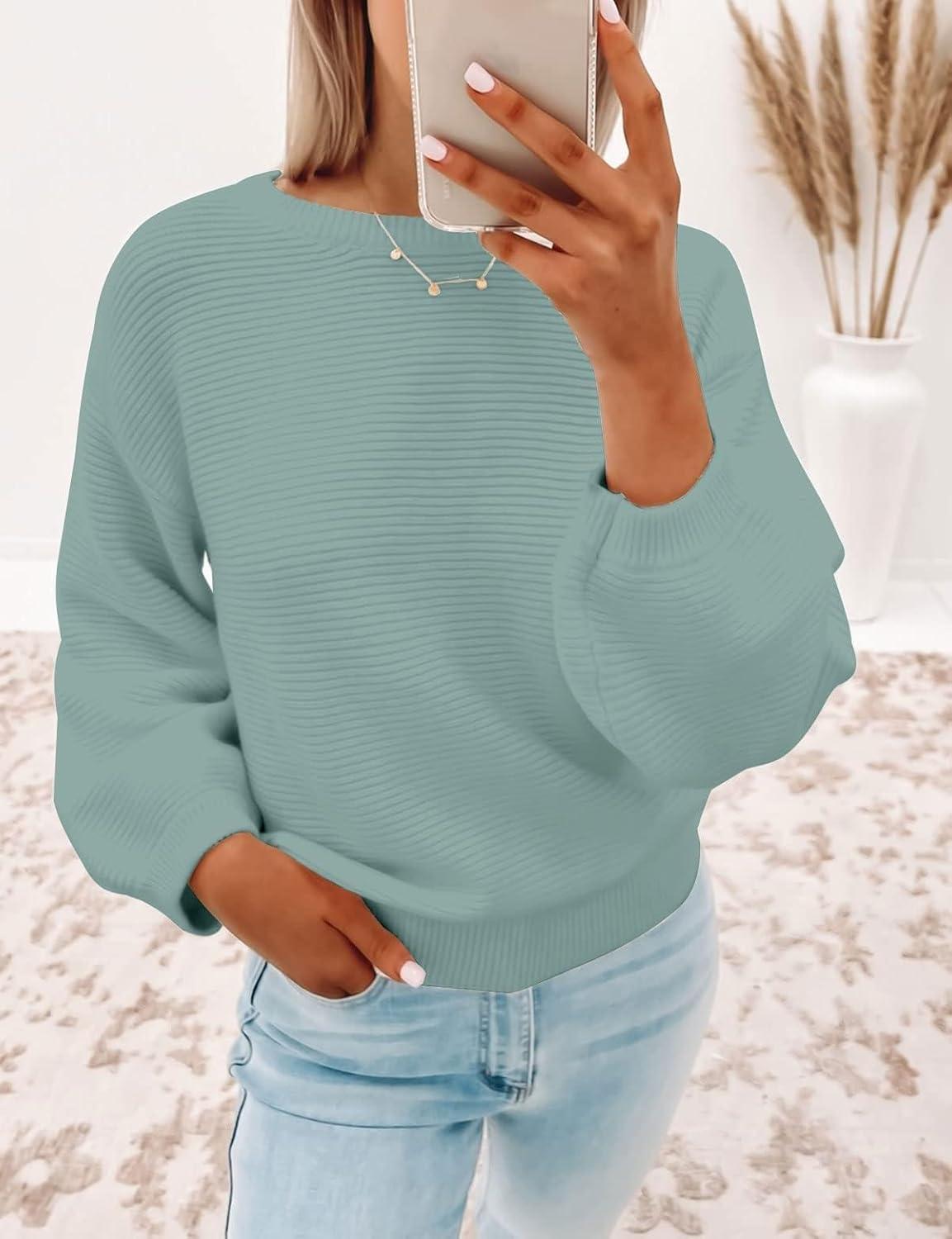 imageZESICA Womens Crew Neck Long Lantern Sleeve Fall 2026 Casual Loose Ribbed Knit Solid Soft Pullover Sweater TopsLake