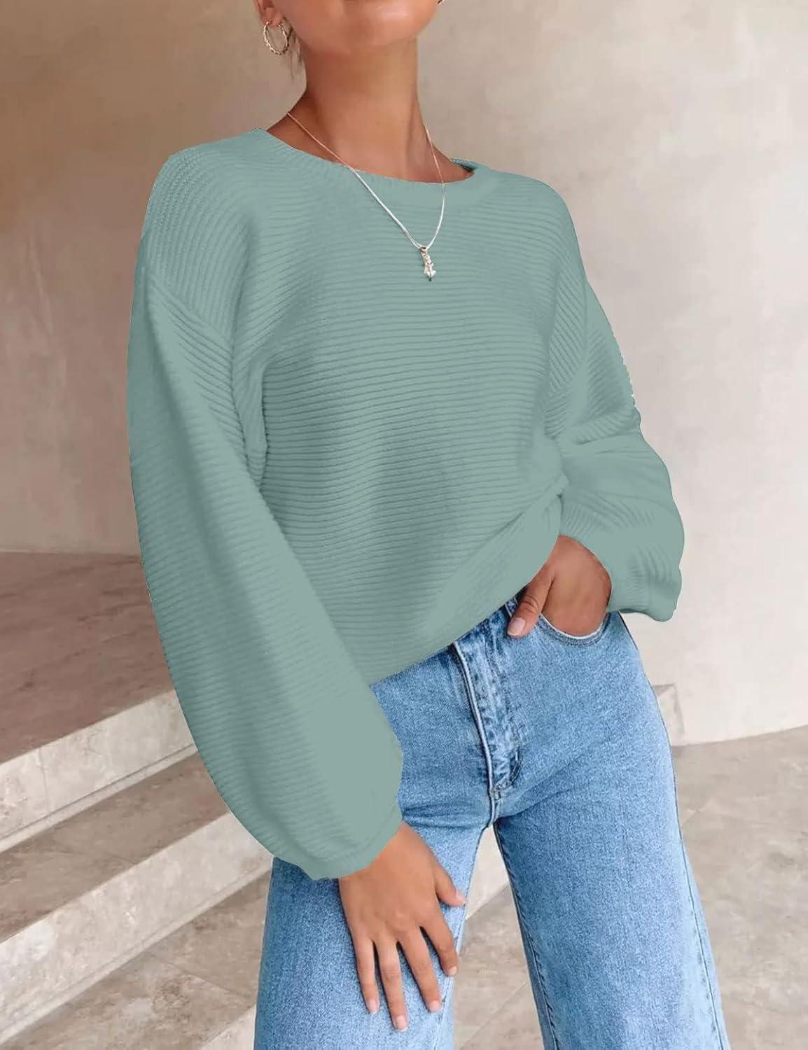imageZESICA Womens Crew Neck Long Lantern Sleeve Fall 2026 Casual Loose Ribbed Knit Solid Soft Pullover Sweater TopsLake