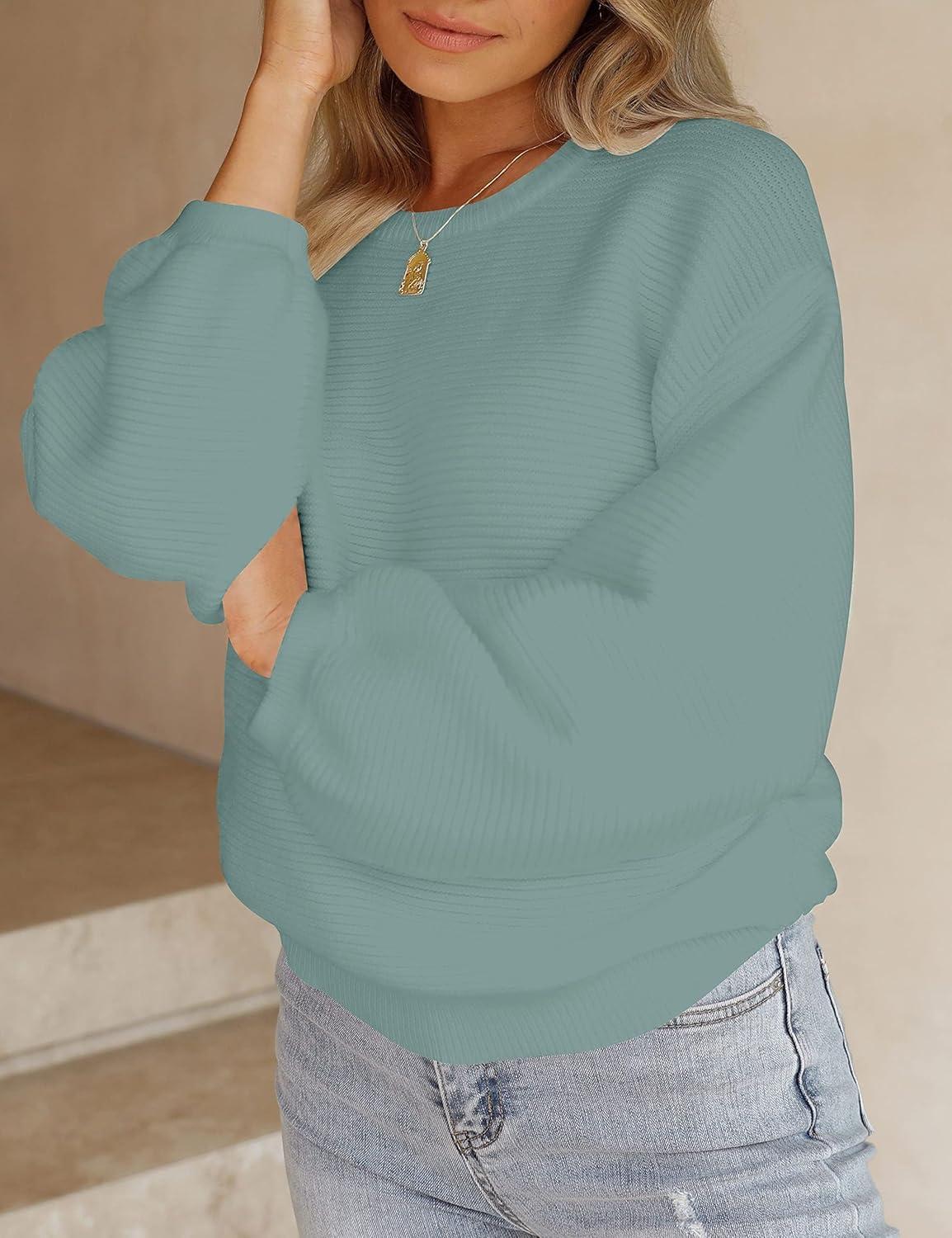 imageZESICA Womens Crew Neck Long Lantern Sleeve Fall 2026 Casual Loose Ribbed Knit Solid Soft Pullover Sweater TopsLake
