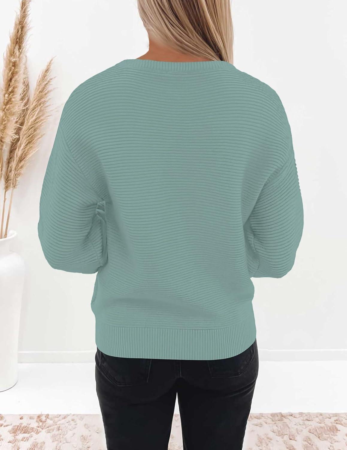 imageZESICA Womens Crew Neck Long Lantern Sleeve Fall 2026 Casual Loose Ribbed Knit Solid Soft Pullover Sweater TopsLake