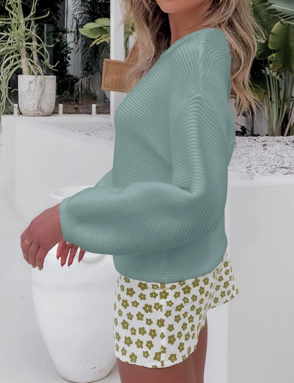 imageZESICA Womens Crew Neck Long Lantern Sleeve Fall 2026 Casual Loose Ribbed Knit Solid Soft Pullover Sweater TopsLake