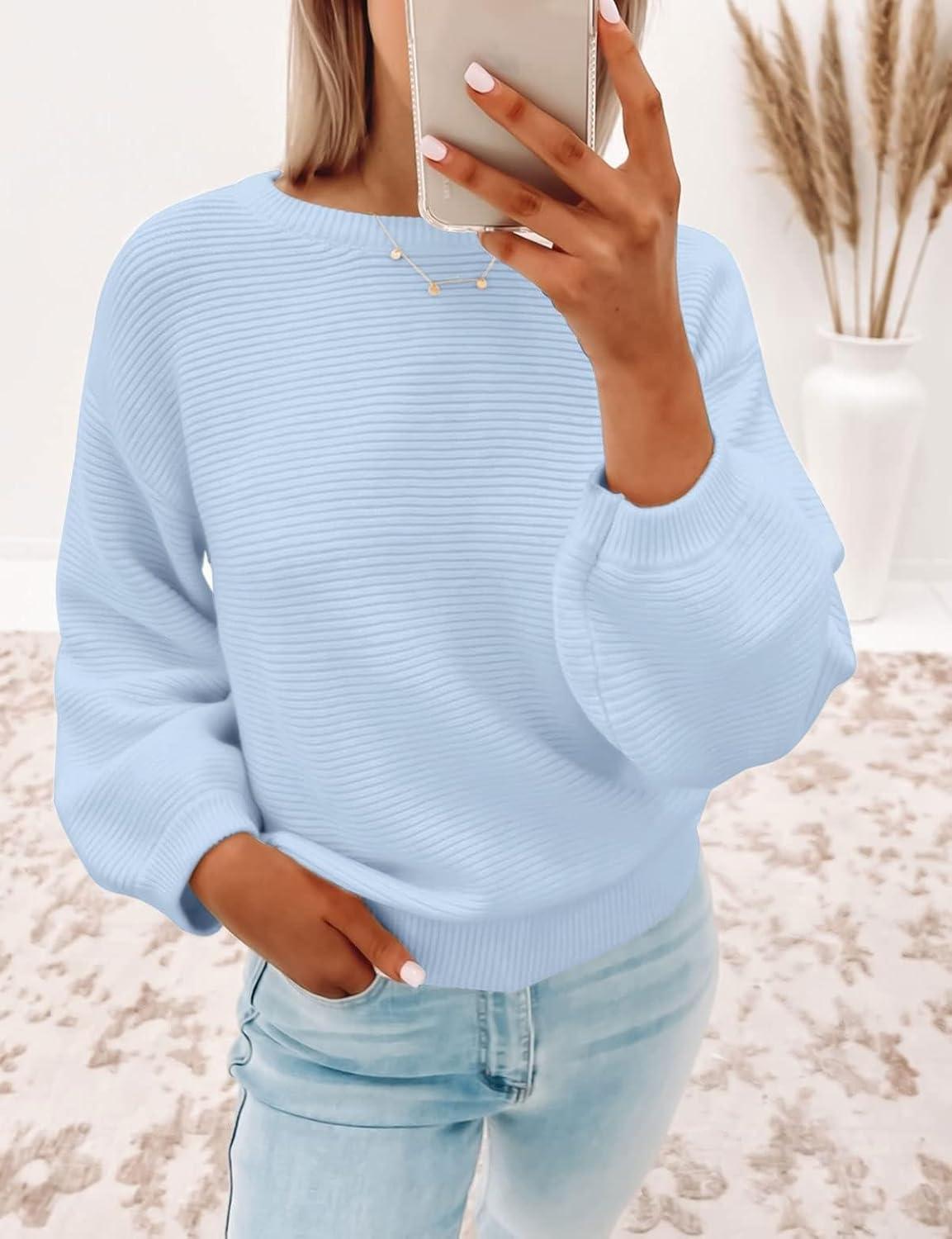 imageZESICA Womens Crew Neck Long Lantern Sleeve Fall 2026 Casual Loose Ribbed Knit Solid Soft Pullover Sweater TopsLightblue