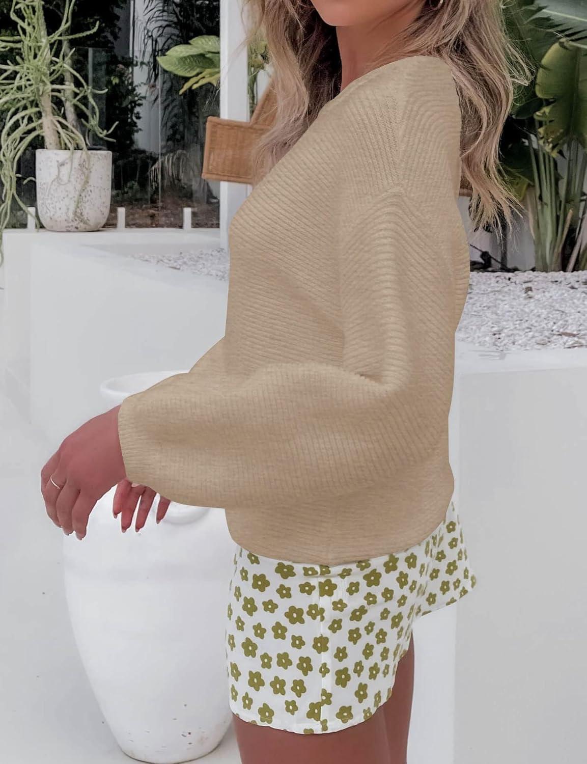 imageZESICA Womens Crew Neck Long Lantern Sleeve Fall 2026 Casual Loose Ribbed Knit Solid Soft Pullover Sweater TopsOatmeal