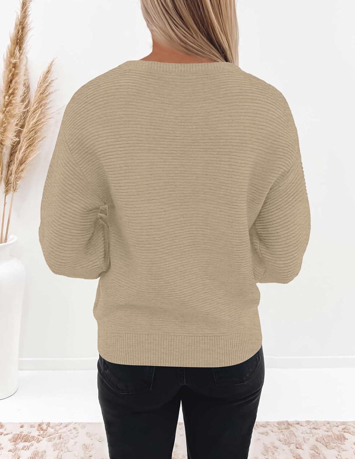 imageZESICA Womens Crew Neck Long Lantern Sleeve Fall 2026 Casual Loose Ribbed Knit Solid Soft Pullover Sweater TopsOatmeal