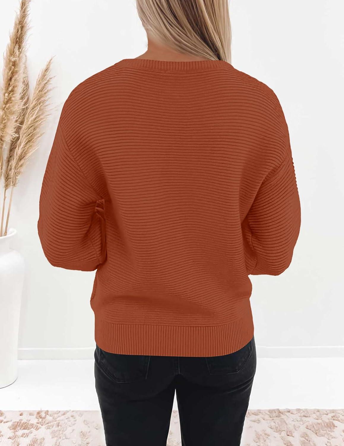 imageZESICA Womens Crew Neck Long Lantern Sleeve Fall 2026 Casual Loose Ribbed Knit Solid Soft Pullover Sweater TopsOrange