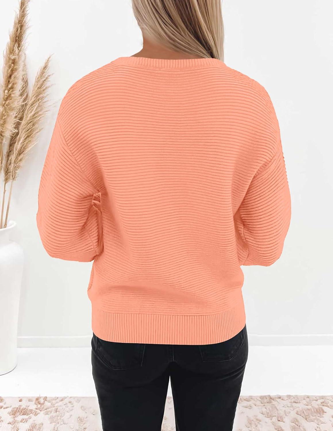 imageZESICA Womens Crew Neck Long Lantern Sleeve Fall 2026 Casual Loose Ribbed Knit Solid Soft Pullover Sweater TopsPeach