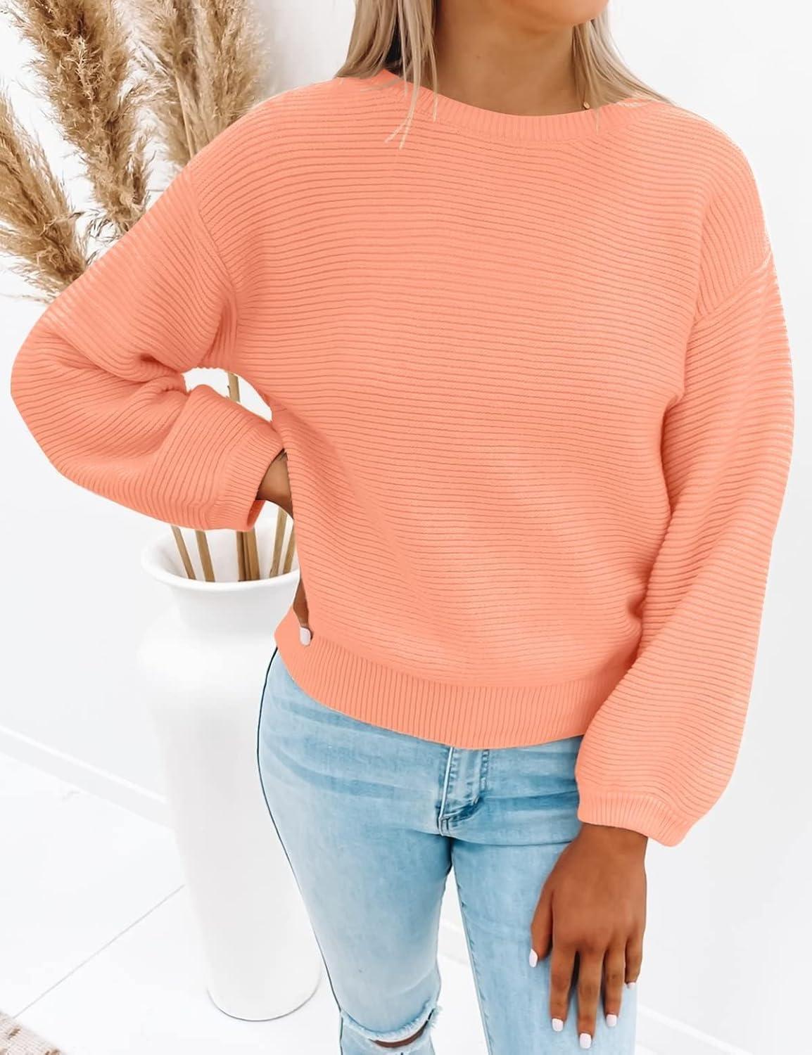 imageZESICA Womens Crew Neck Long Lantern Sleeve Fall 2026 Casual Loose Ribbed Knit Solid Soft Pullover Sweater TopsPeach