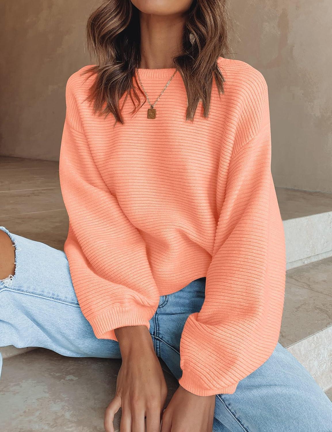 imageZESICA Womens Crew Neck Long Lantern Sleeve Fall 2026 Casual Loose Ribbed Knit Solid Soft Pullover Sweater TopsPeach