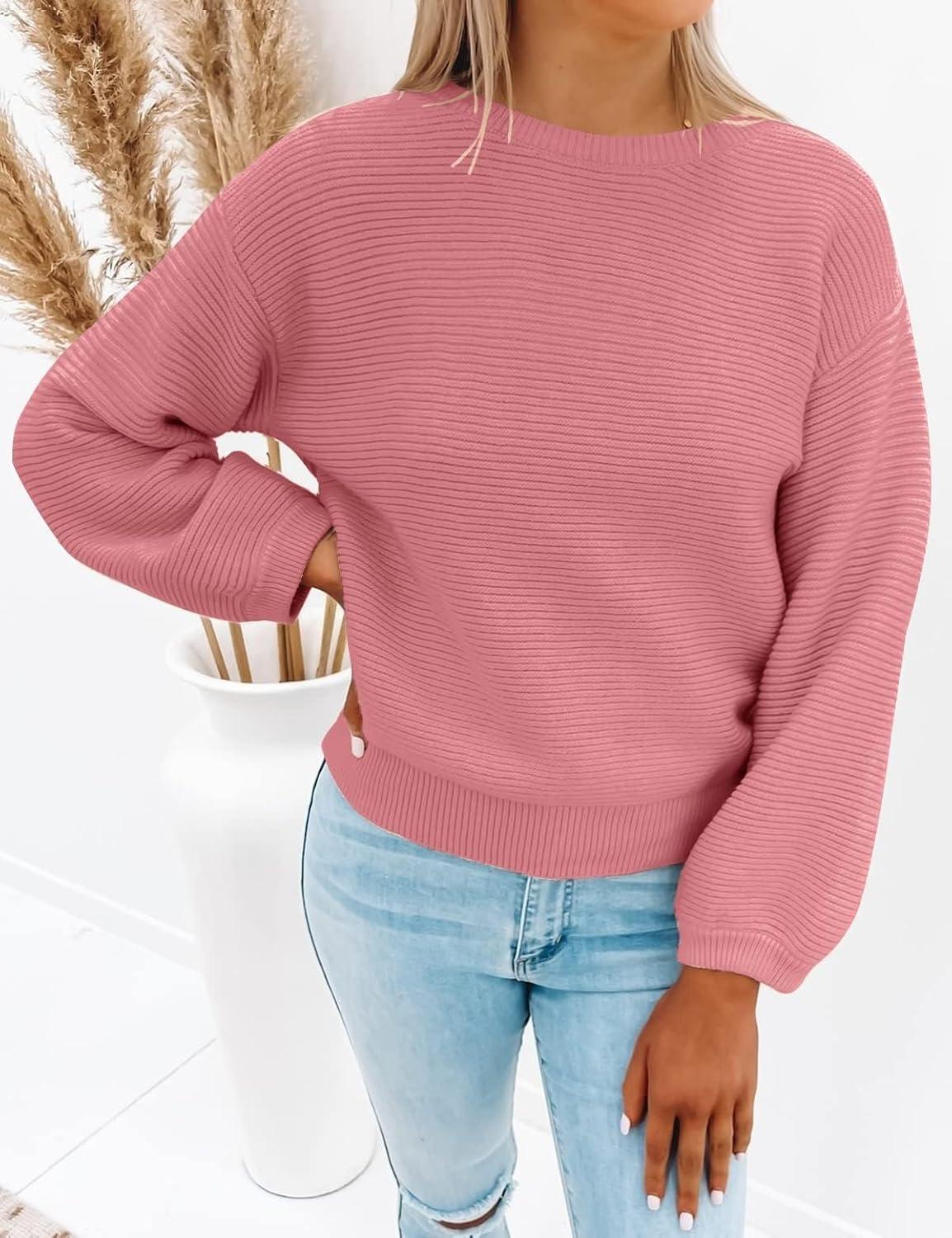 imageZESICA Womens Crew Neck Long Lantern Sleeve Fall 2026 Casual Loose Ribbed Knit Solid Soft Pullover Sweater TopsPink