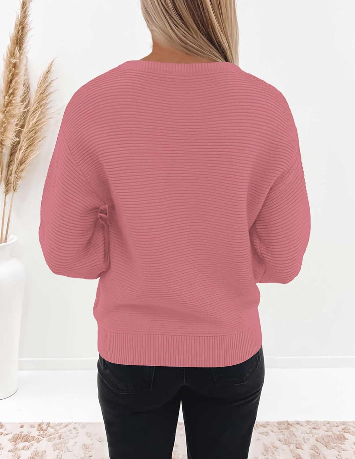 imageZESICA Womens Crew Neck Long Lantern Sleeve Fall 2026 Casual Loose Ribbed Knit Solid Soft Pullover Sweater TopsPink