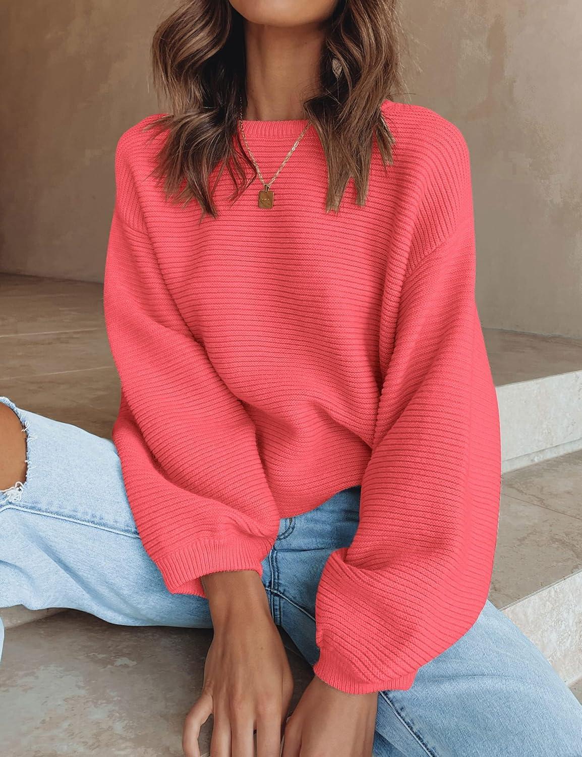 imageZESICA Womens Crew Neck Long Lantern Sleeve Fall 2026 Casual Loose Ribbed Knit Solid Soft Pullover Sweater TopsWatermelon