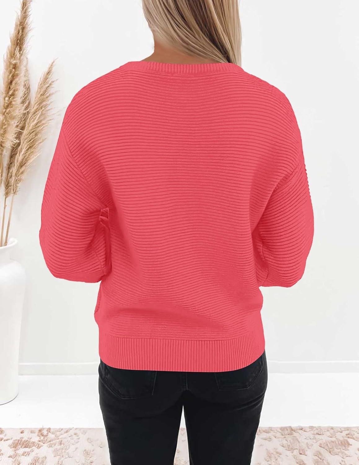 imageZESICA Womens Crew Neck Long Lantern Sleeve Fall 2026 Casual Loose Ribbed Knit Solid Soft Pullover Sweater TopsWatermelon