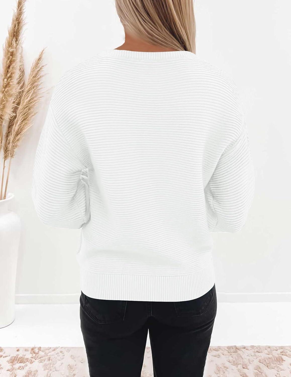 imageZESICA Womens Crew Neck Long Lantern Sleeve Fall 2026 Casual Loose Ribbed Knit Solid Soft Pullover Sweater TopsWhite