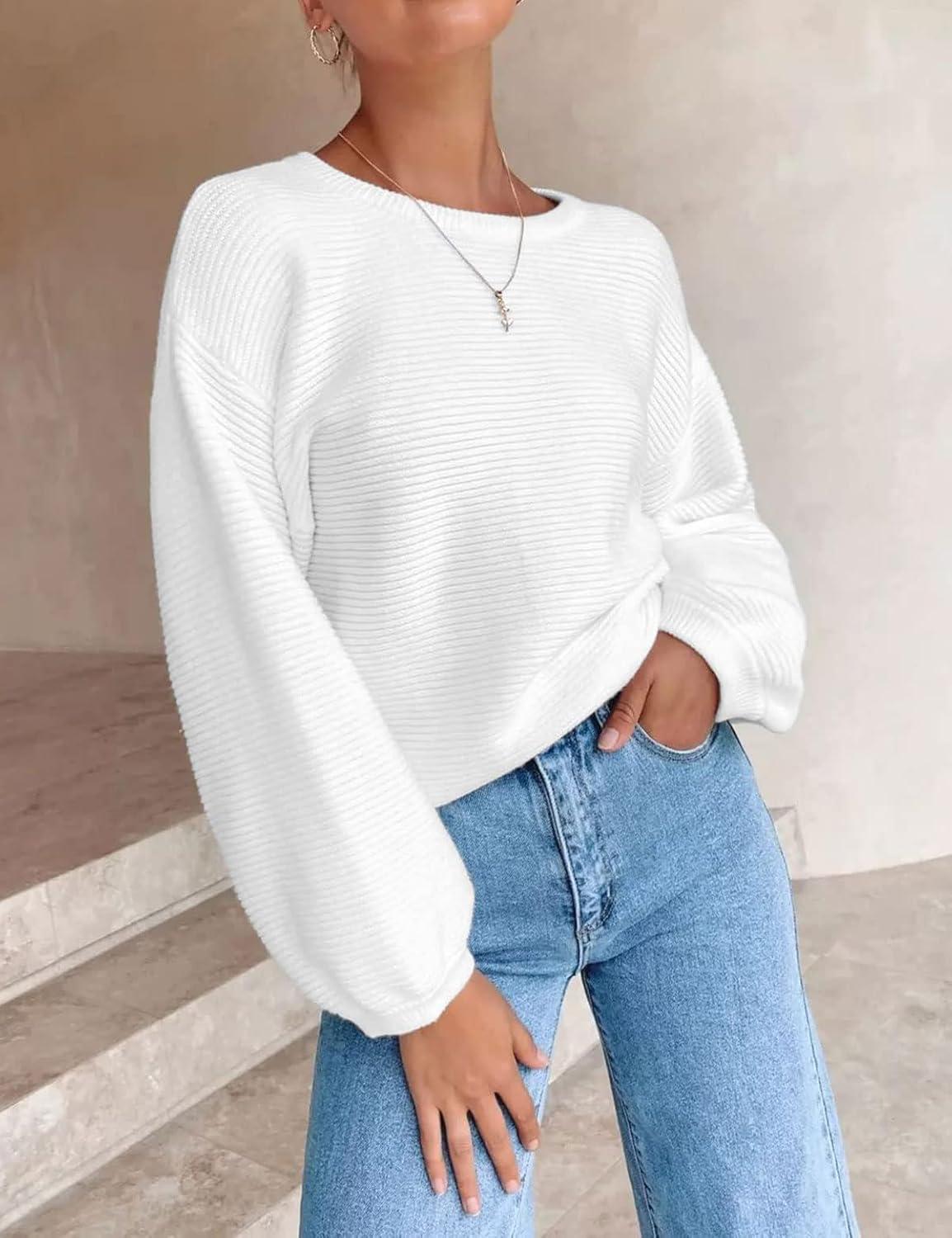 imageZESICA Womens Crew Neck Long Lantern Sleeve Fall 2026 Casual Loose Ribbed Knit Solid Soft Pullover Sweater TopsWhite
