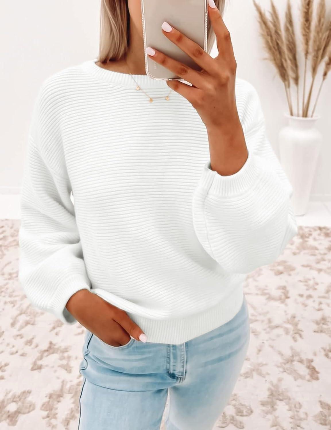 imageZESICA Womens Crew Neck Long Lantern Sleeve Fall 2026 Casual Loose Ribbed Knit Solid Soft Pullover Sweater TopsWhite
