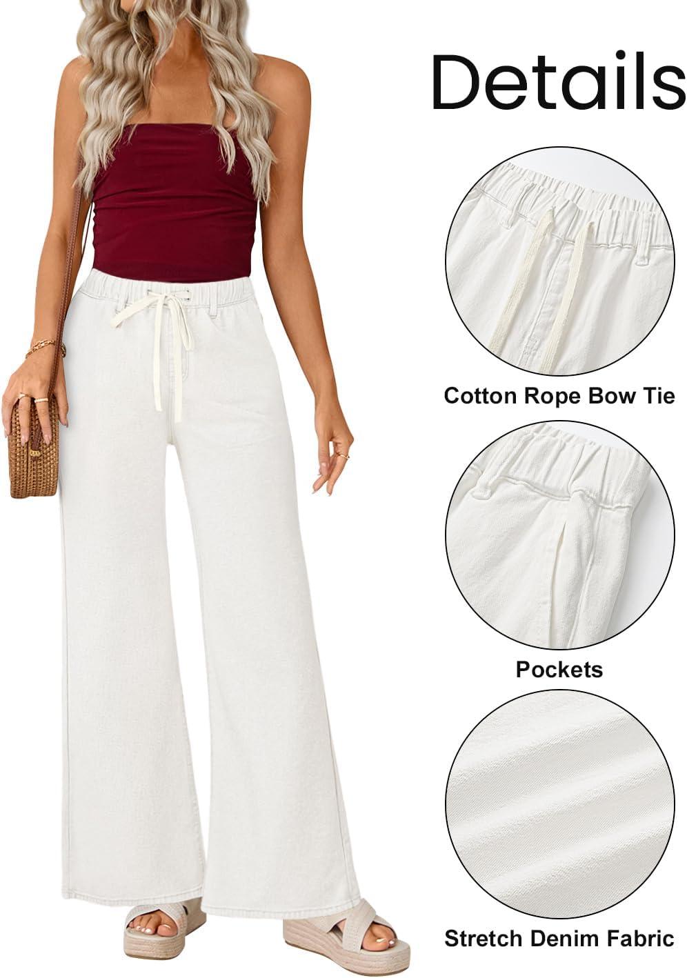 imageZESICA Womens Drawstring High Waist Jeans Loose Fit Wide Leg Straight Baggy Trendy Denim Pants with PocketsWhite
