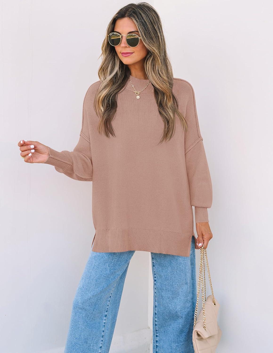 imageZESICA Womens Fall 2026 Casual Long Sleeve Crew Neck Side Slit Oversized Ribbed Knit Pullover Sweater TopsAlmond