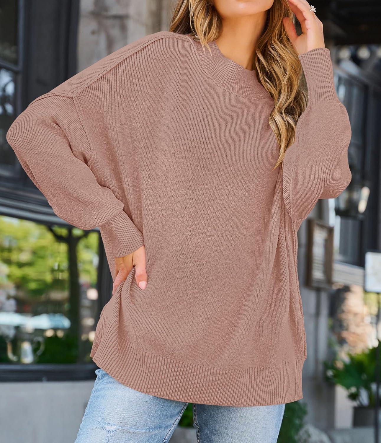 imageZESICA Womens Fall 2026 Casual Long Sleeve Crew Neck Side Slit Oversized Ribbed Knit Pullover Sweater TopsAlmond