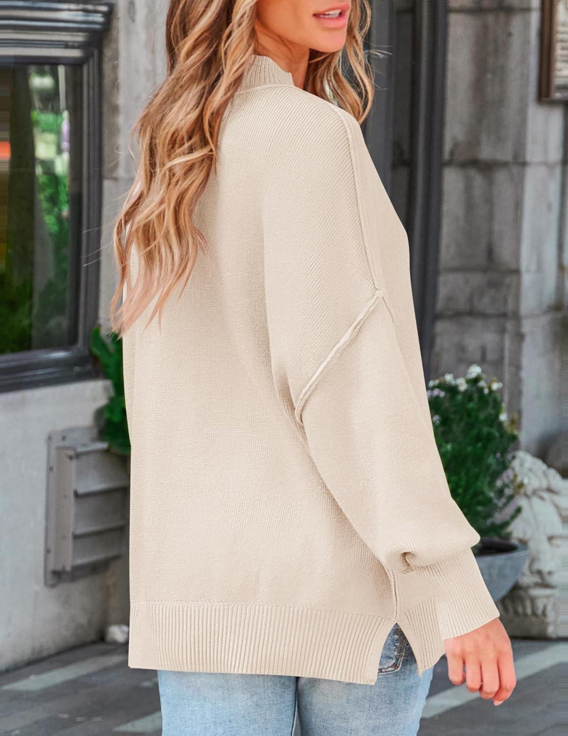 imageZESICA Womens Fall 2026 Casual Long Sleeve Crew Neck Side Slit Oversized Ribbed Knit Pullover Sweater TopsBeige