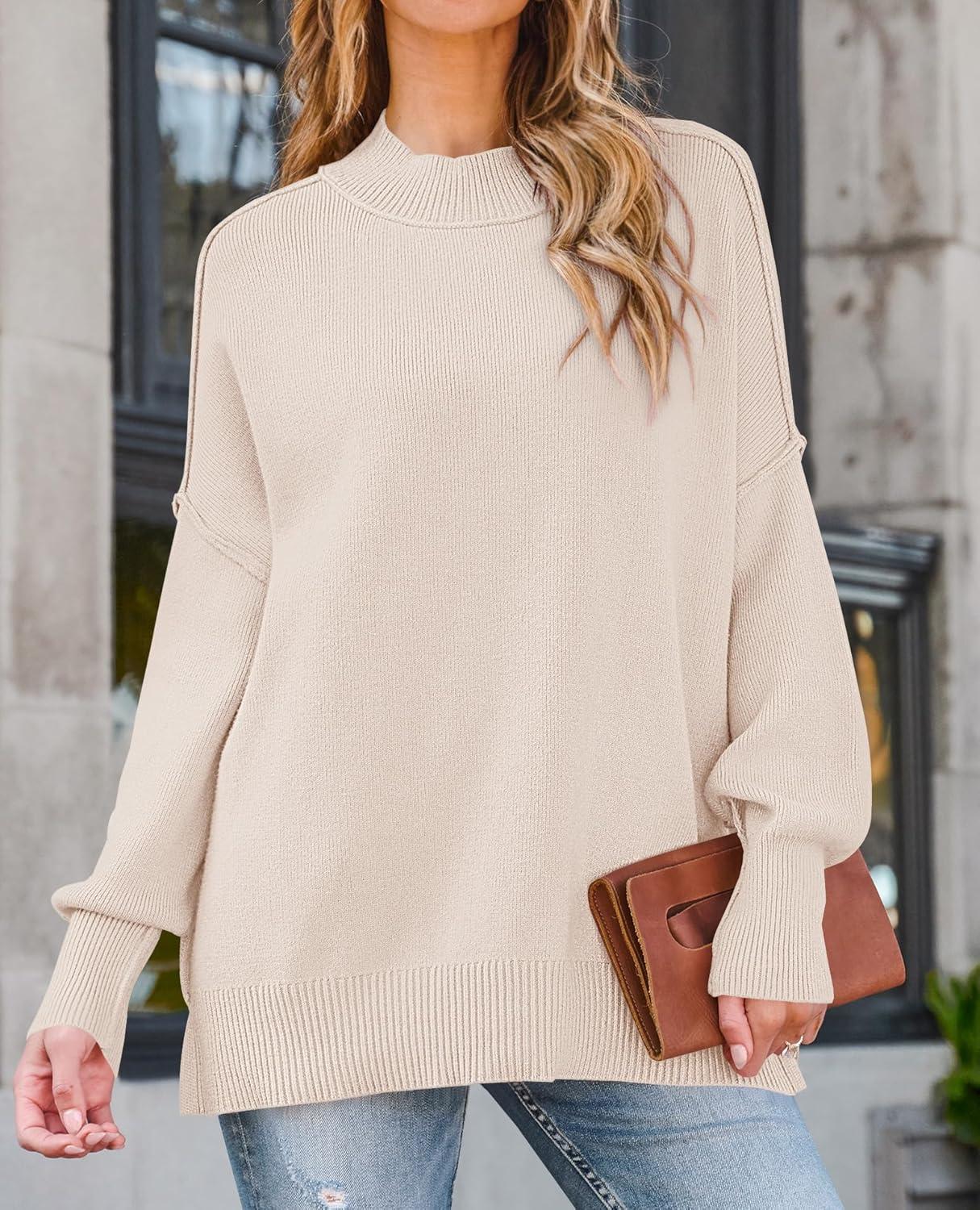 imageZESICA Womens Fall 2026 Casual Long Sleeve Crew Neck Side Slit Oversized Ribbed Knit Pullover Sweater TopsBeige