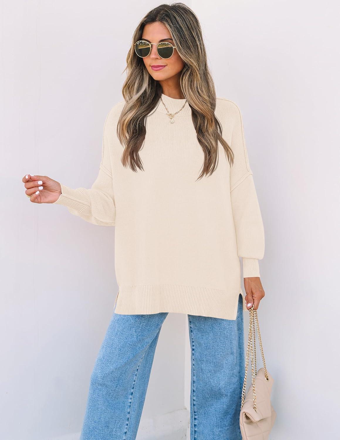 imageZESICA Womens Fall 2026 Casual Long Sleeve Crew Neck Side Slit Oversized Ribbed Knit Pullover Sweater TopsBeige