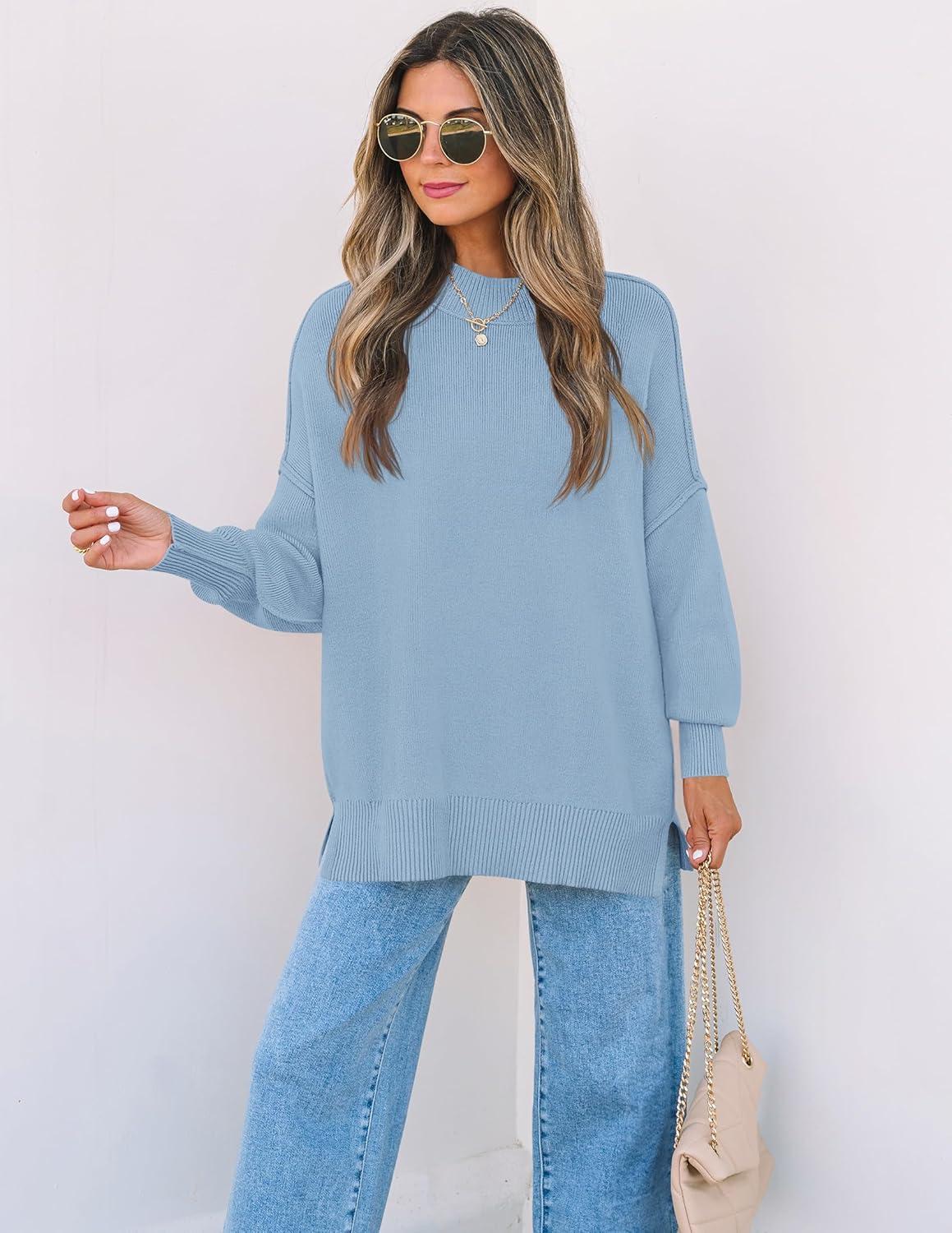 imageZESICA Womens Fall 2026 Casual Long Sleeve Crew Neck Side Slit Oversized Ribbed Knit Pullover Sweater TopsBlue