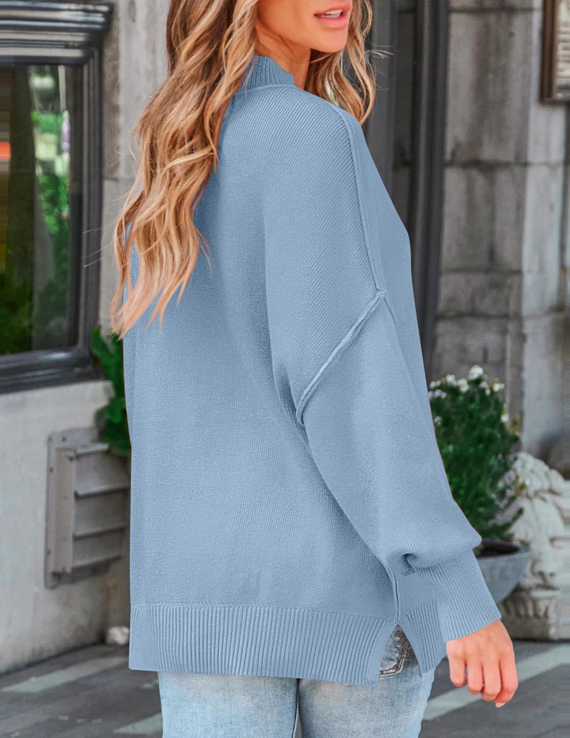 imageZESICA Womens Fall 2026 Casual Long Sleeve Crew Neck Side Slit Oversized Ribbed Knit Pullover Sweater TopsBlue