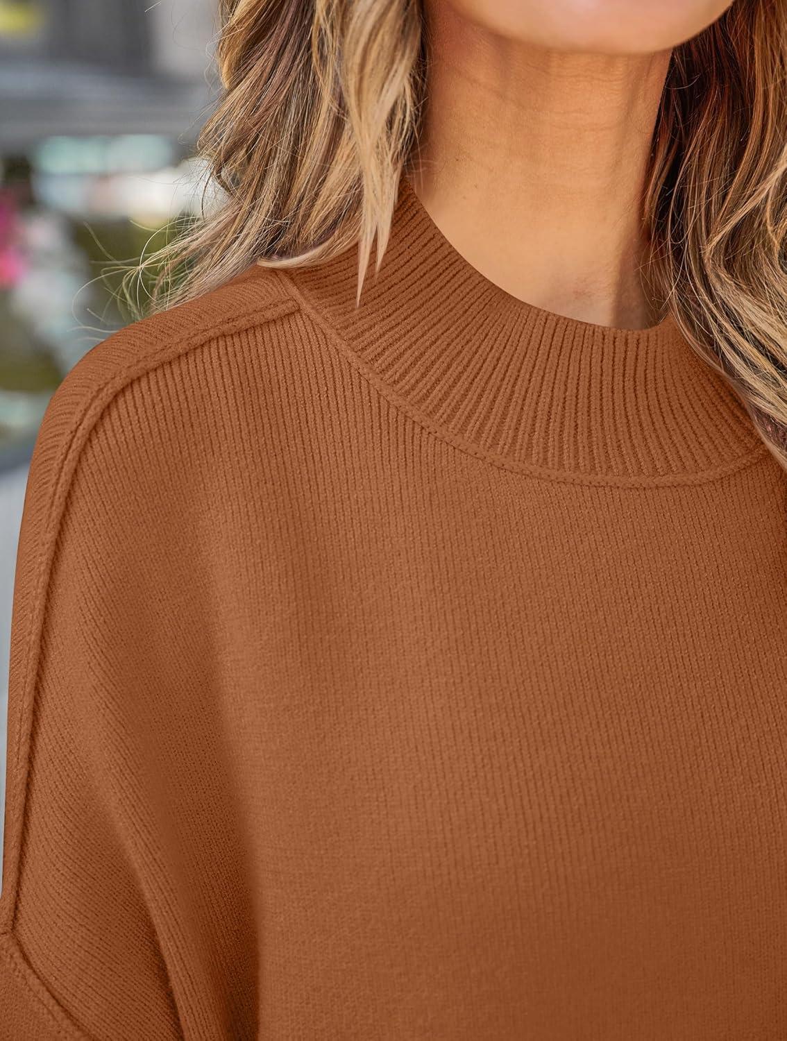 imageZESICA Womens Fall 2026 Casual Long Sleeve Crew Neck Side Slit Oversized Ribbed Knit Pullover Sweater TopsCaramel