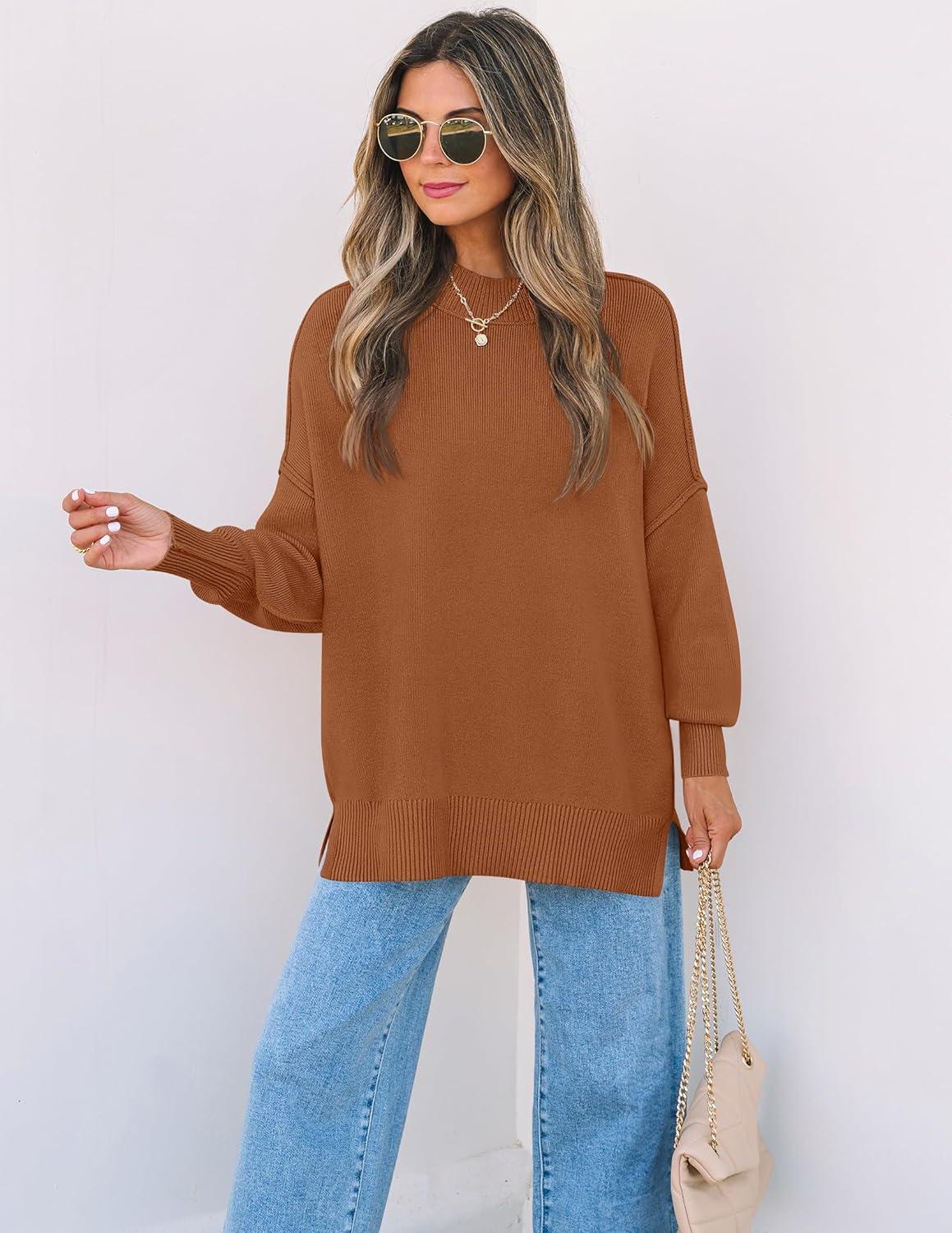 imageZESICA Womens Fall 2026 Casual Long Sleeve Crew Neck Side Slit Oversized Ribbed Knit Pullover Sweater TopsCaramel
