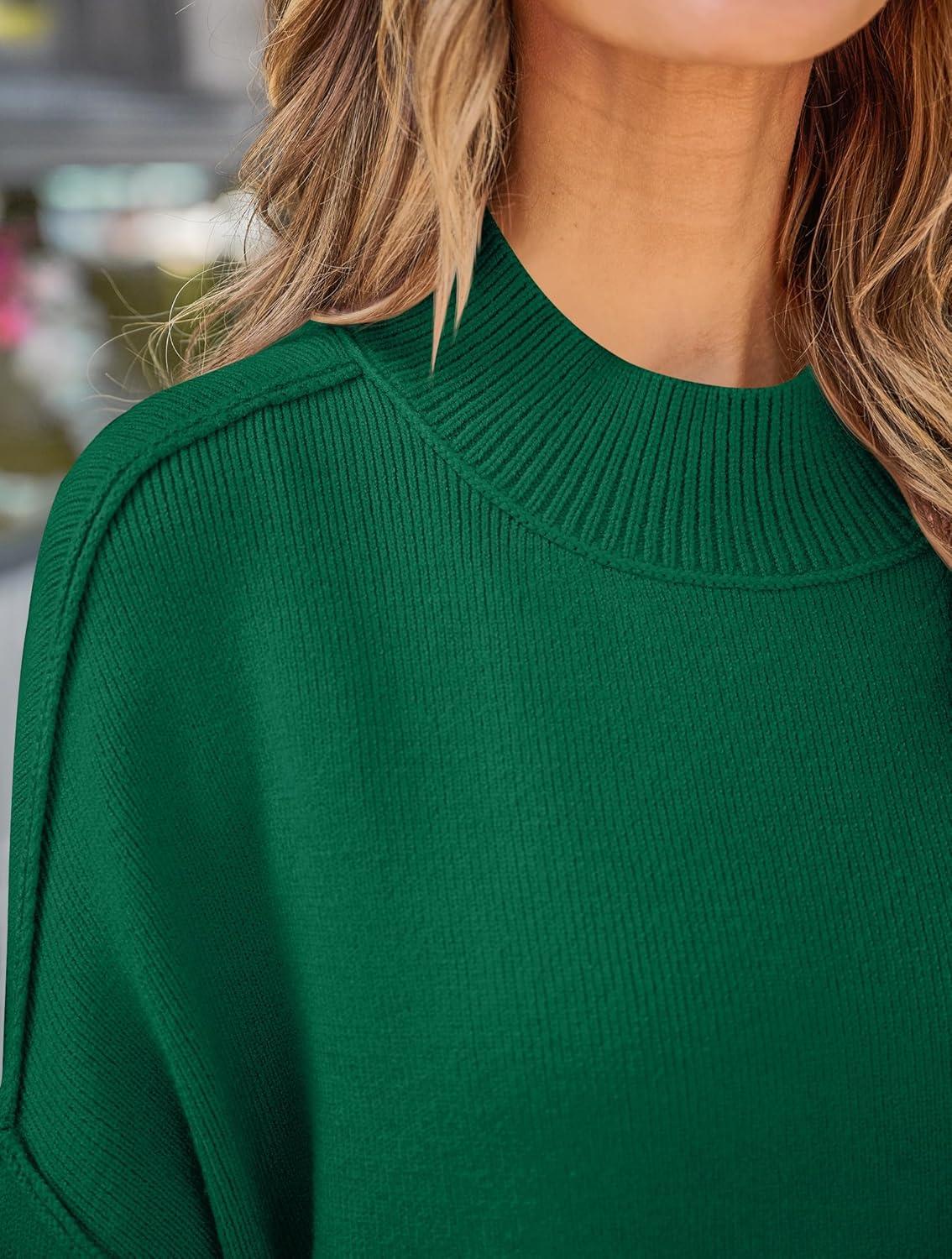 imageZESICA Womens Fall 2026 Casual Long Sleeve Crew Neck Side Slit Oversized Ribbed Knit Pullover Sweater TopsDarkgreen