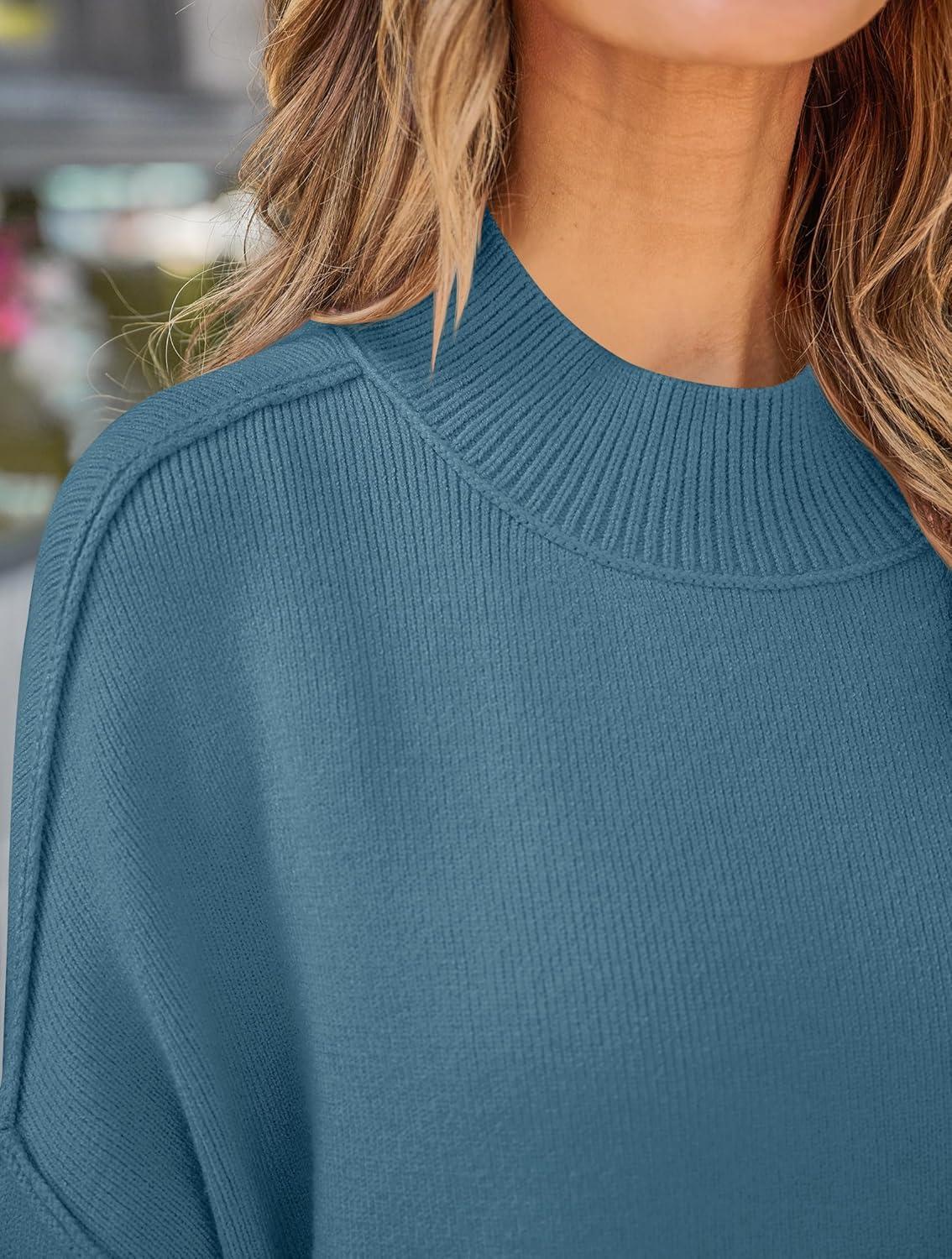 imageZESICA Womens Fall 2026 Casual Long Sleeve Crew Neck Side Slit Oversized Ribbed Knit Pullover Sweater TopsDustyblue