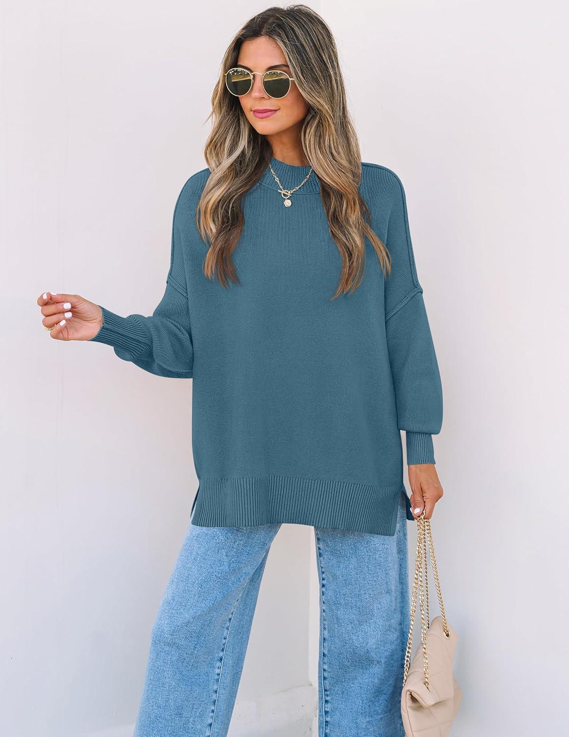 imageZESICA Womens Fall 2026 Casual Long Sleeve Crew Neck Side Slit Oversized Ribbed Knit Pullover Sweater TopsDustyblue