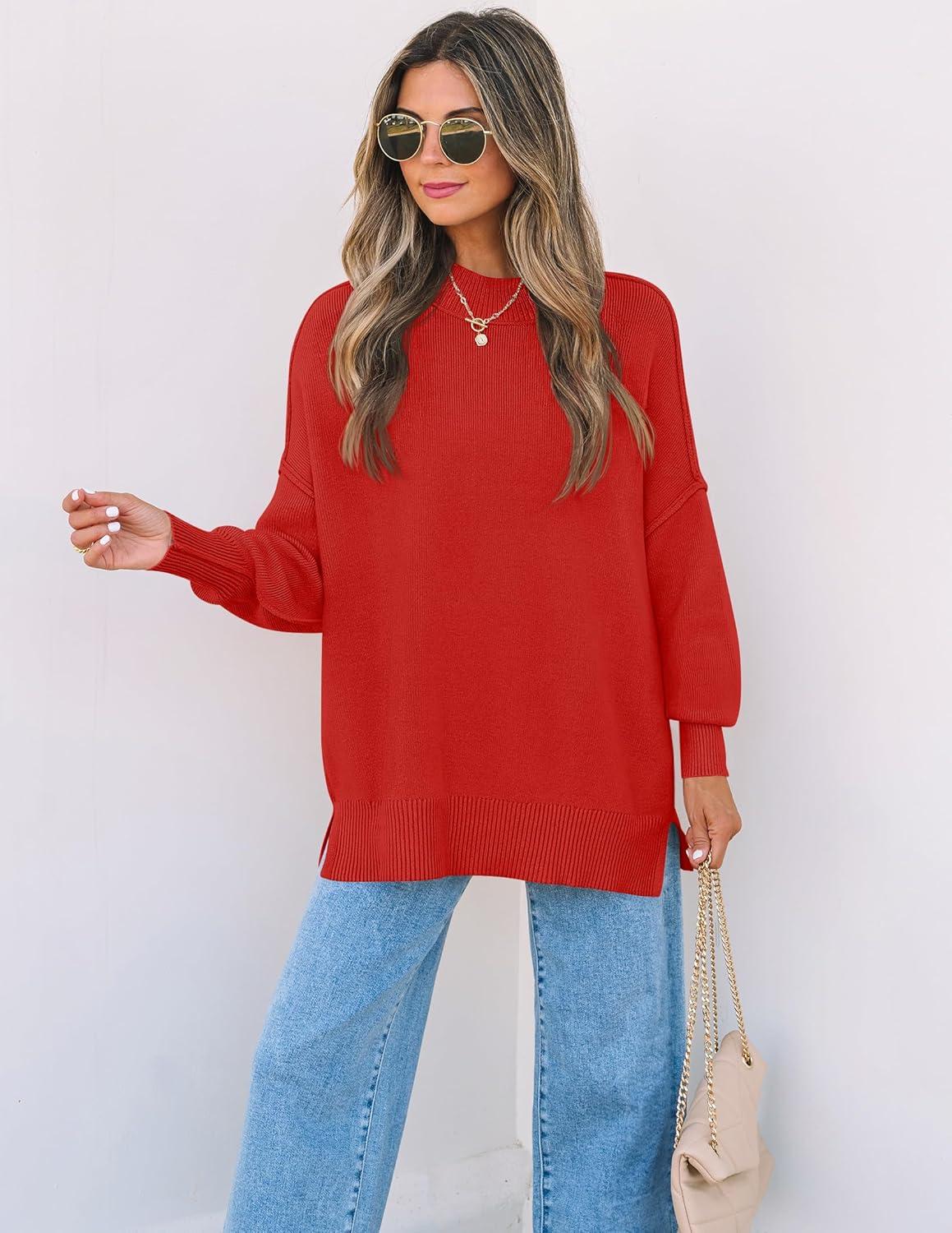 imageZESICA Womens Fall 2026 Casual Long Sleeve Crew Neck Side Slit Oversized Ribbed Knit Pullover Sweater TopsFirered