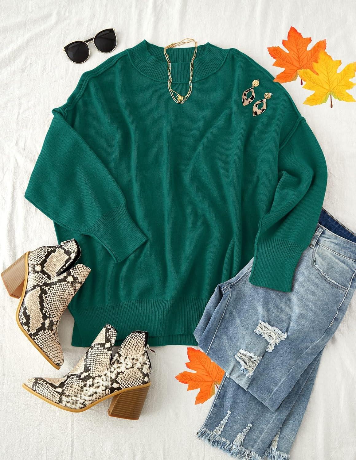 imageZESICA Womens Fall 2026 Casual Long Sleeve Crew Neck Side Slit Oversized Ribbed Knit Pullover Sweater TopsForestgreen