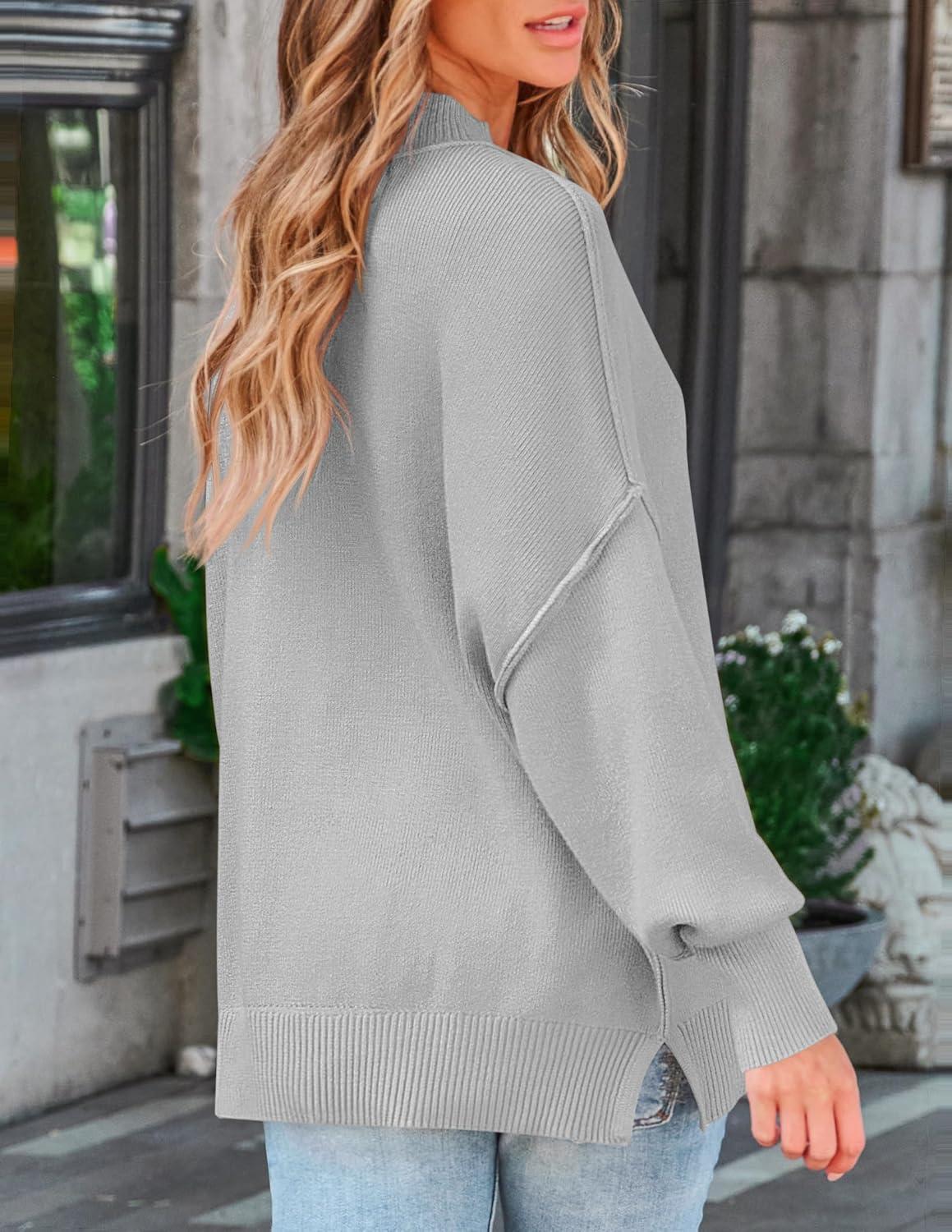 imageZESICA Womens Fall 2026 Casual Long Sleeve Crew Neck Side Slit Oversized Ribbed Knit Pullover Sweater TopsGrey