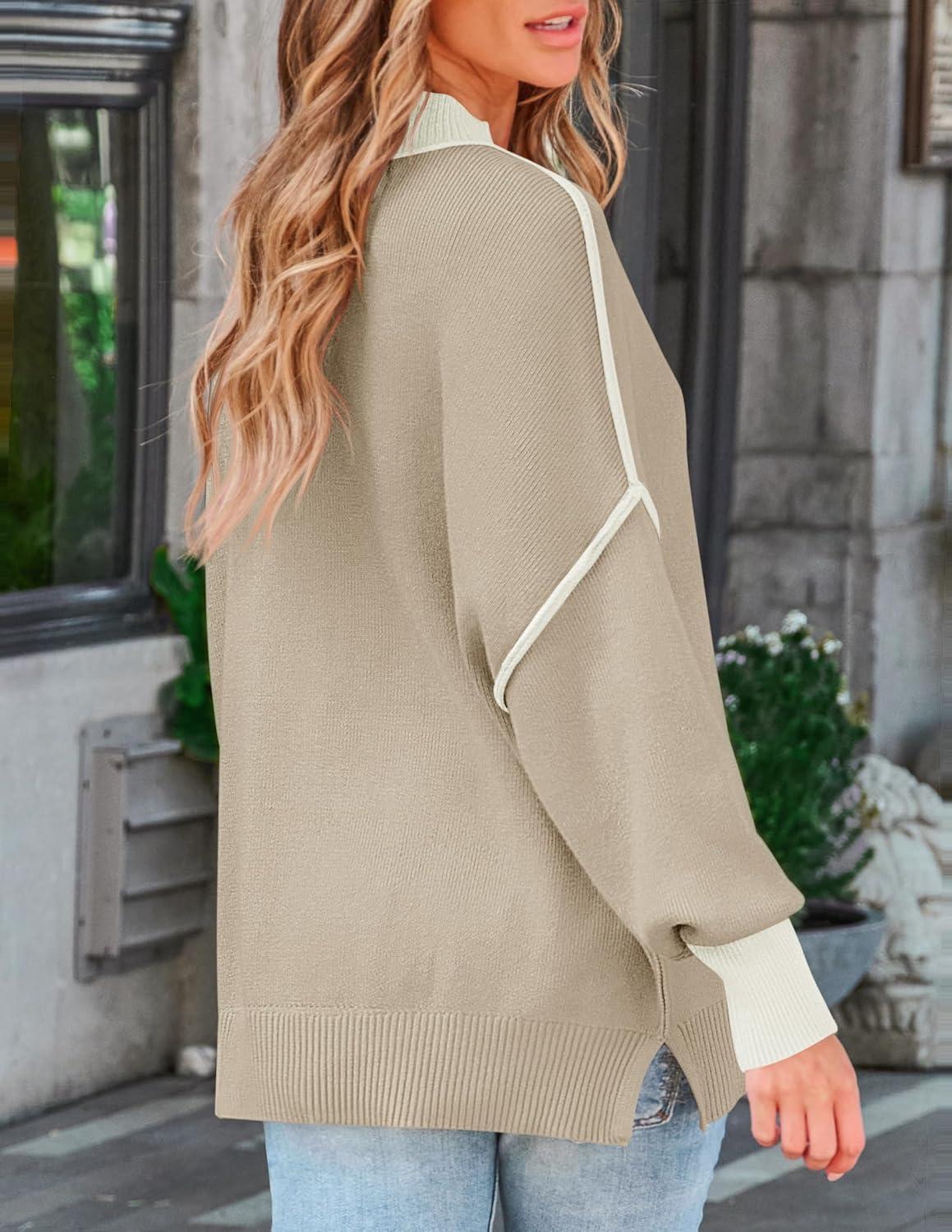 imageZESICA Womens Fall 2026 Casual Long Sleeve Crew Neck Side Slit Oversized Ribbed Knit Pullover Sweater TopsGreyapricot