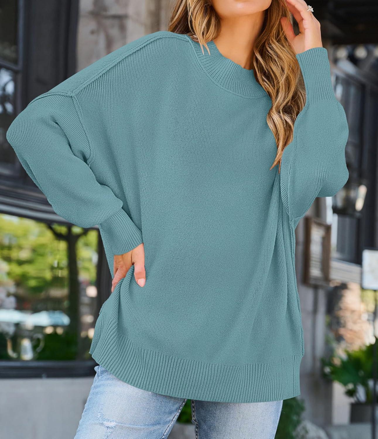 imageZESICA Womens Fall 2026 Casual Long Sleeve Crew Neck Side Slit Oversized Ribbed Knit Pullover Sweater TopsLake