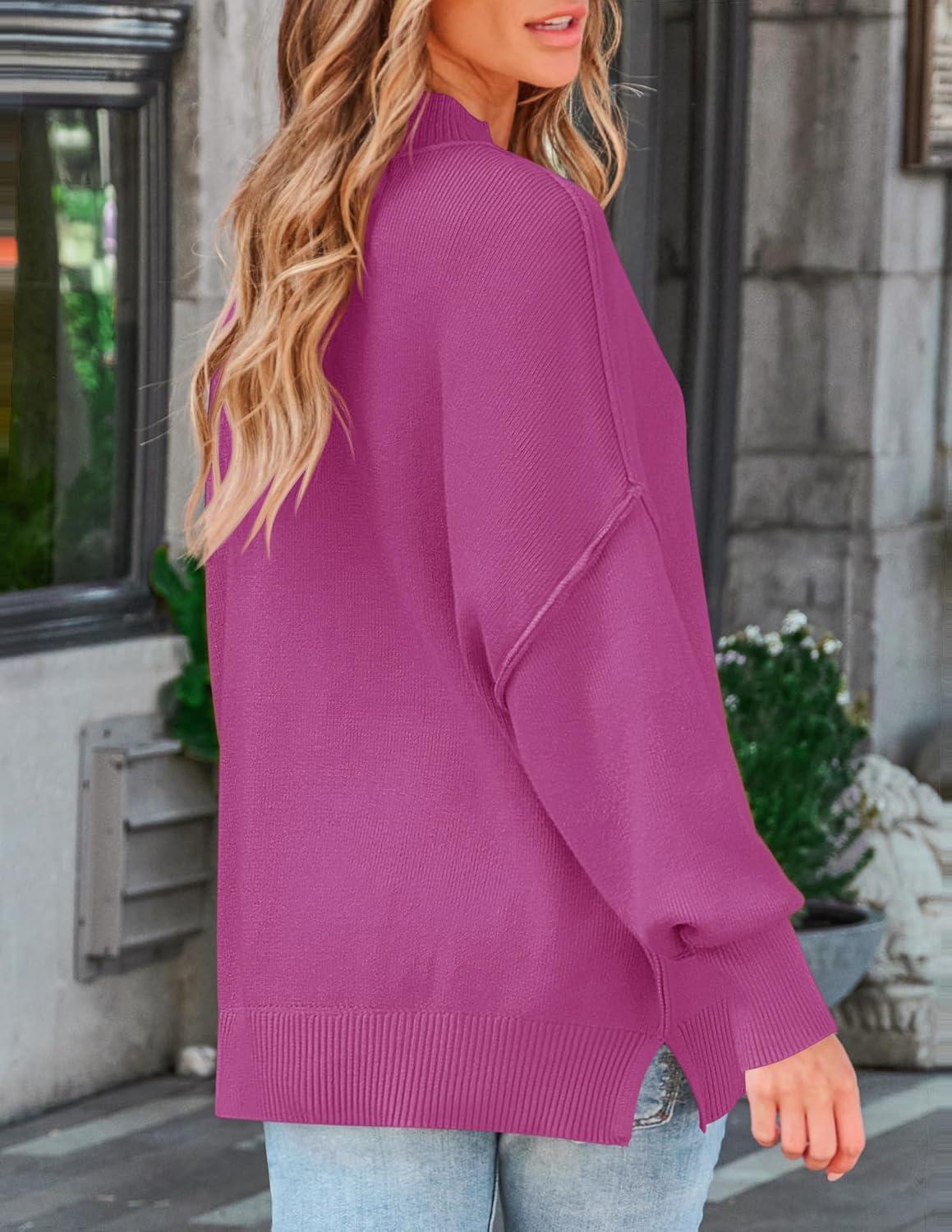 imageZESICA Womens Fall 2026 Casual Long Sleeve Crew Neck Side Slit Oversized Ribbed Knit Pullover Sweater TopsLilac