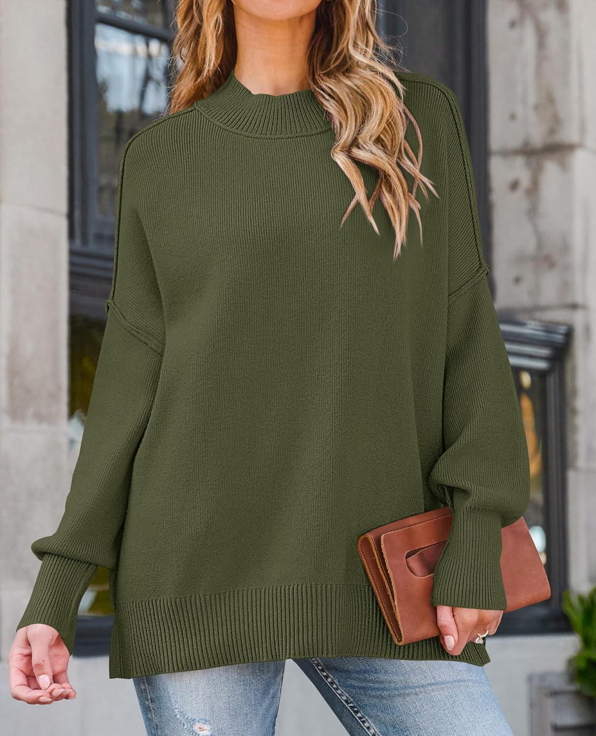 imageZESICA Womens Fall 2026 Casual Long Sleeve Crew Neck Side Slit Oversized Ribbed Knit Pullover Sweater TopsOlive