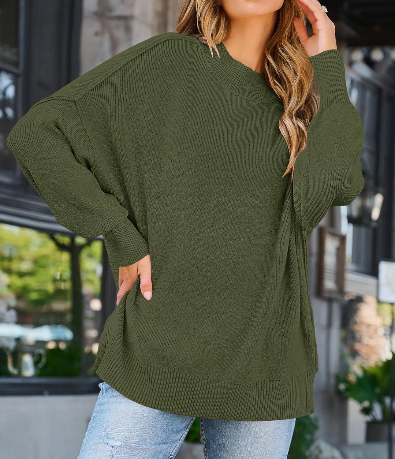 imageZESICA Womens Fall 2026 Casual Long Sleeve Crew Neck Side Slit Oversized Ribbed Knit Pullover Sweater TopsOlive