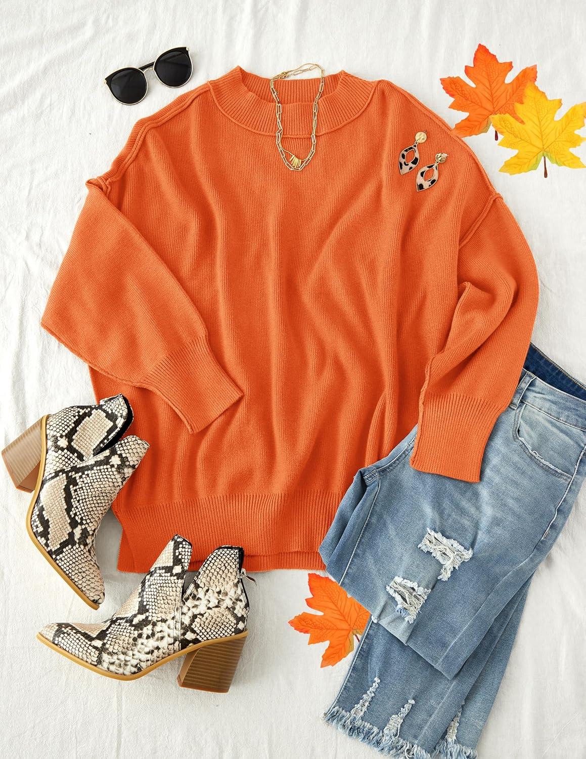imageZESICA Womens Fall 2026 Casual Long Sleeve Crew Neck Side Slit Oversized Ribbed Knit Pullover Sweater TopsOrange