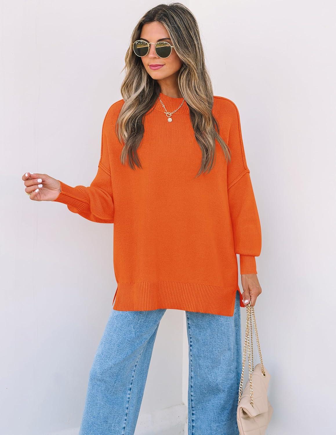 imageZESICA Womens Fall 2026 Casual Long Sleeve Crew Neck Side Slit Oversized Ribbed Knit Pullover Sweater TopsOrange