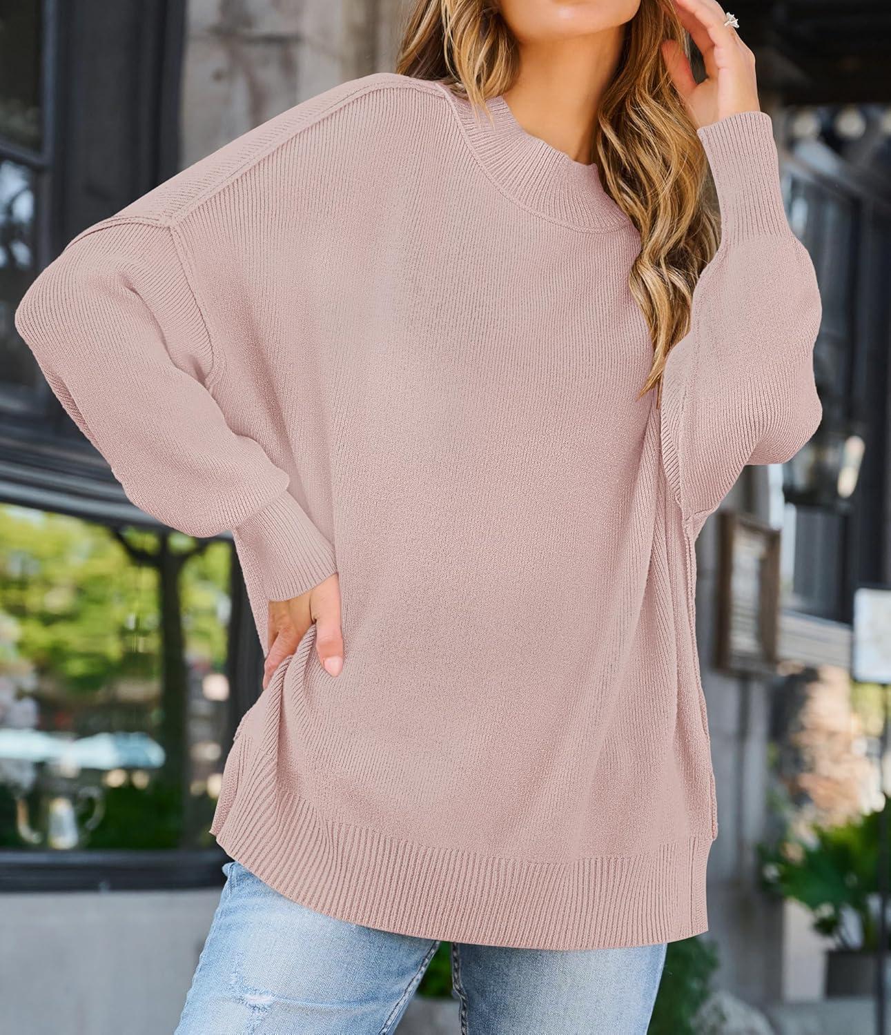 imageZESICA Womens Fall 2026 Casual Long Sleeve Crew Neck Side Slit Oversized Ribbed Knit Pullover Sweater TopsPink