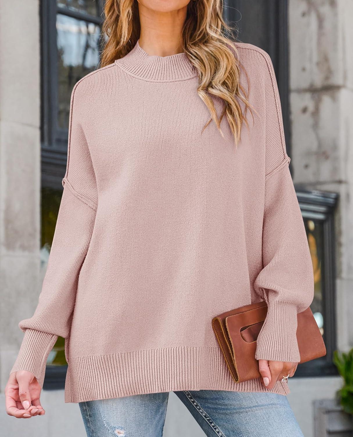 imageZESICA Womens Fall 2026 Casual Long Sleeve Crew Neck Side Slit Oversized Ribbed Knit Pullover Sweater TopsPink