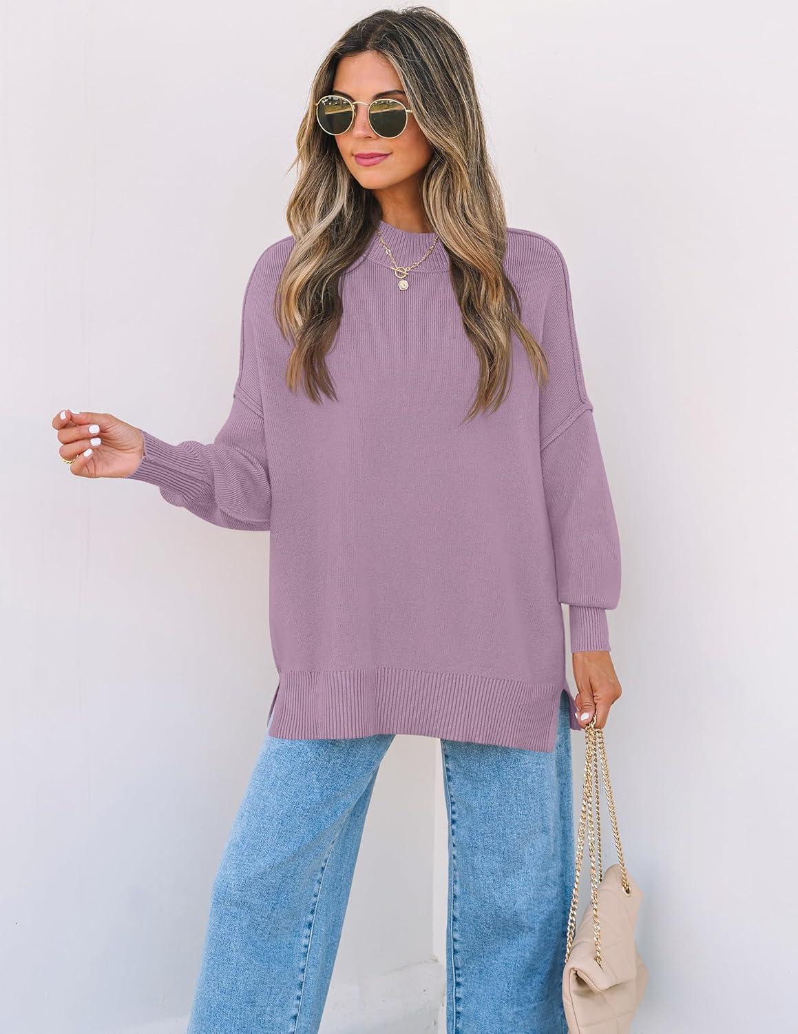 imageZESICA Womens Fall 2026 Casual Long Sleeve Crew Neck Side Slit Oversized Ribbed Knit Pullover Sweater TopsPurple